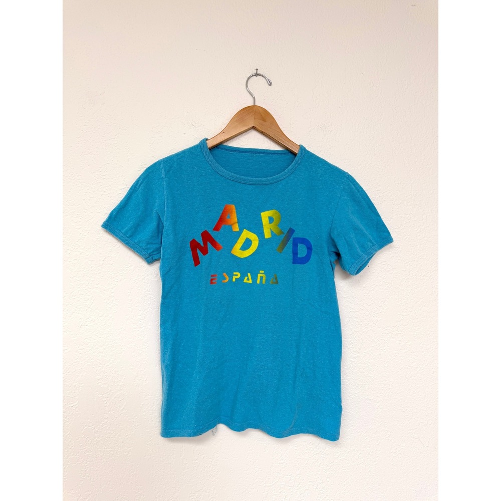 VINTAGE Madrid Espana Souvenir T-Shirt Blue Rainbow Graphic Short Sleeve Tee / S